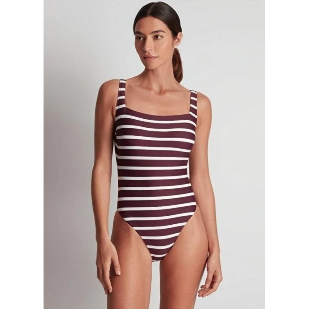 Lauren Ralph Lauren Womens Striped Low-Back One-Piece Swimsuit in Claret Size 12